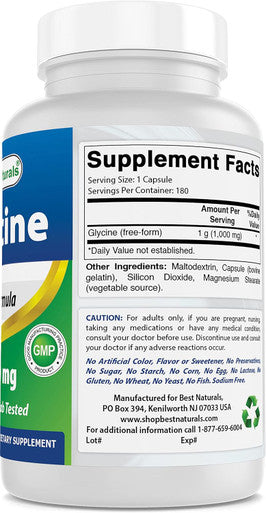 Best Naturals Glycine Supplement 1000 Mg For Energy Production 180Count
