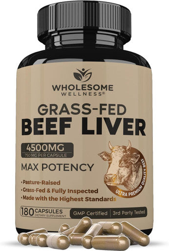 Wholesome Wellness Grass Fed Desiccated Beef Liver Capsules (180 Pills, 750mg Each) - Natural Iron, Vitamin A, B12 for Energy - Humanely Pasture Raised Undefatted in New Zealand Without Hormones or Chemicals