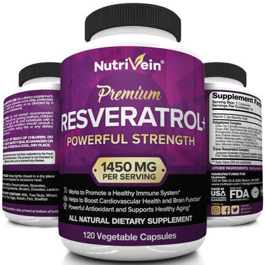 Nutrivein Resveratrol 1450mg - Antioxidant Supplement 120 Capsules Supports Healthy Aging and Promotes Immune, Brain Boost and Joint Support - Made with -Resveratrol, Green Tea Leaf, Acai Berry