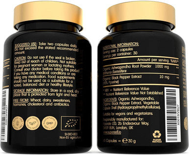 Organic Ashwagandha Capsules - 1000mg Pure Ashwaganda Root Powder per Serving - 60 Vegan Tablets with Black Pepper Extract - High Strength Ashwanghanda Supplement - Certified by Soil Association