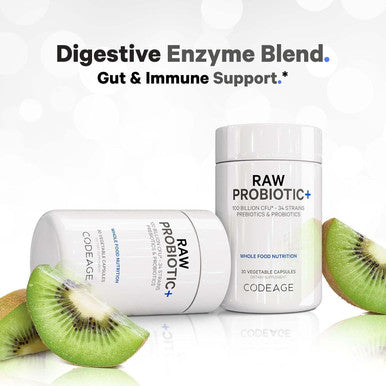 Codeage Raw Probiotic+ Supplement - 34 Probiotic Strains 100 Billion CFUs Raw Whole Food Probiotics Digestive Enzymes Raw Fruits & Veggies Prebiotics - Wild Kefir Culture - Non-GMO - 30 Capsules