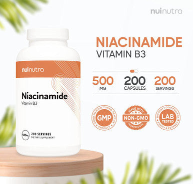 Nui Nutra Niacinamide Flush Free Form of Vitamin B3 Nicotinamide Supplement | 500mg | 200 Capsules | Supports Skin, Joints, and Heart | Gluten Free
