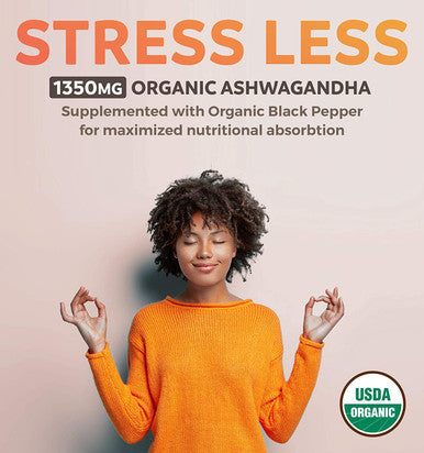 USDA Organic Ashwagandha 120 Tablets Vegetarian 1350mg Per Serve with Black Pepper Natural Adrenal Support Cortisol Thyroid Support Immune Support No Pills or Capsules