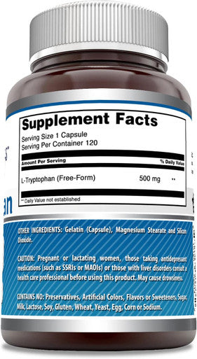 Amazing Nutrition Formulas L-Tryptophan 500 Mg Capsules Supplement | Non-GMO | Gluten | Made in USA (120 Capsules)
