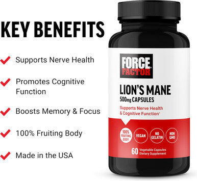 Force Factor Lion s Mane Supplement Capsules Memory & Focus Supplement Supports Nerve Health & Cognitive Function Made with 100% Fruiting Body Vegan No Gelatin Non-GMO 60 Vegetable Capsules