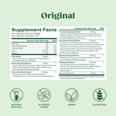 Bloom Nutrition Green Superfood Super Greens Powder Juice Smoothie Mix Complete Whole Foods Organic Spirulina Chlorella Wheat Grass Probiotics Digestive Enzymes Antioxidants Original
