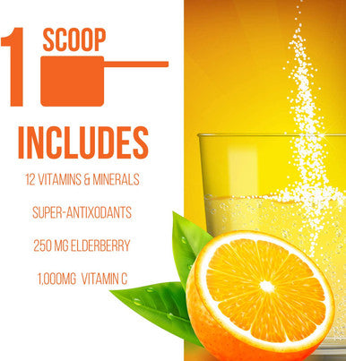 Immunity Fizz Wellness Booster by GoBiotix Immune Defense Powder Vegan Superfood Elderberry Turmeric Vitamin C B12 Supplement NonGMO Gluten Soy Sugar Free Immunity Support Orange