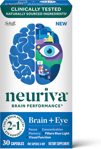 NEURIVA Brain Eye Supplement for Memory Focus Concentration with Lutein Vitamins A C E and Zinc for Eye Health Zeaxanthin to Filter Blue Light 30ct Capsules