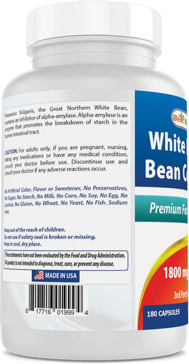 Best Naturals White Kidney Bean Complex 1800 mg Per Serving- 180 Capsules. Non-GMO and Gluten