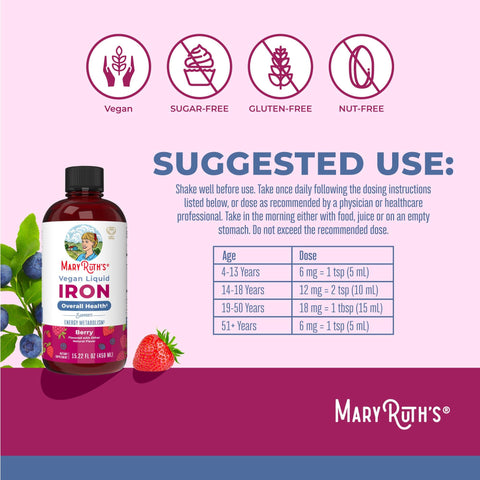 MaryRuth's Liquid Iron Iron Supplement for Women Men and Kids Red Blood Cell Formation Oxygen Support Energy Metabolism Ages 4 and Up Sugar Free Vegan NonGMO Gluten Free 15.22 Fl Oz