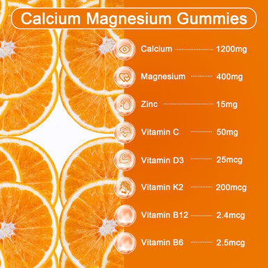 Calcium Magnesium Zinc Gummies For Adult: 1200Mg Calcium Citrate With Vitamin D3 K3 - Natural Organic Sugar High Absorption Supplement For Women Men Kids(60Count)