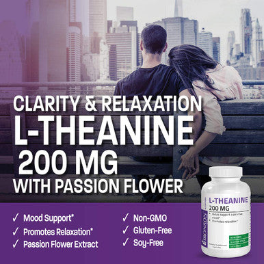 Bronson L-Theanine 200mg (Double-Strength) with Passion Flower Herb, Non-GMO Gluten-Free Soy-Free Management Supplement, 120 Capsules