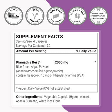 Supersmart AFA Extract 1000 mg Per Day Aphanizomenon FlosAquae BlueGreen Algae Supplement Emotional Wellbeing Boost Concentration NonGMO Gluten Free 120 Vegetarian Capsules