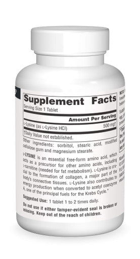 Source s L-Lysine 500 mg Free Form -Amino Supplement Supports Energy Formation & Collagen - 100 Tablets
