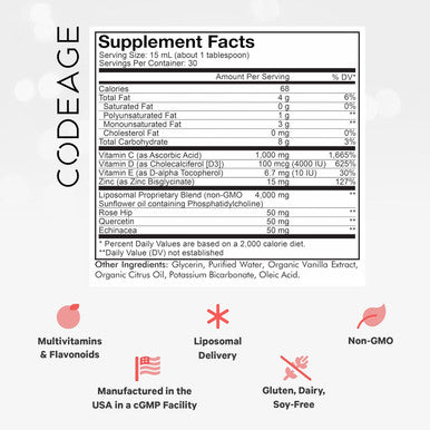 Codeage Liquid Vitamin C 1000mg Vitamins D3 E & Zinc Rose HIPS Quercetin Echinacea Vegan Liposomal Vitamin C Supplement Non-GMO - 15.22 fl oz