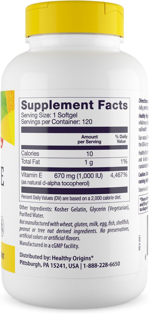Healthy Origins Vitamin E 1000 IU (Natural) Mixed Tocopherols Vitamin E Supplement GlutenFree and NonGMO Skin Hair and Nails Vitamin 120 Softgels