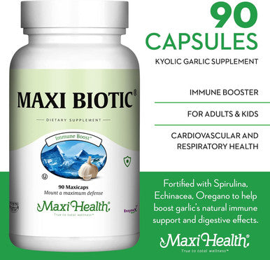 Maxi Health Maxi Biotic Aged Garlic Extract Capsules (90 Count) Kyolic Garlic Supplement with Spirulina Echinacea Oregano and Enzymax Natural Antioxidant Wellness Support