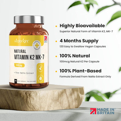 Vitabright Vitamin K2 MK7 100mcg 120 Vegan (from Natto) Vitamin K2 High Strength Capsules - VIT K MK7 for Bones Vitamin K for Heart VIT K2 MK7 for Brain - VitaBright K2 Vitamin Supplements