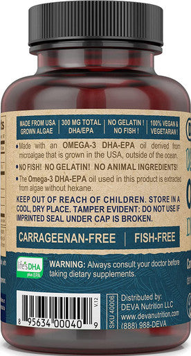 Deva Vegan DHA-EPA Nutritional Supplement, Non-Fish Derived from Algae, 300 mg Potency, 90 Vegetarian Softgels - Pack of 2