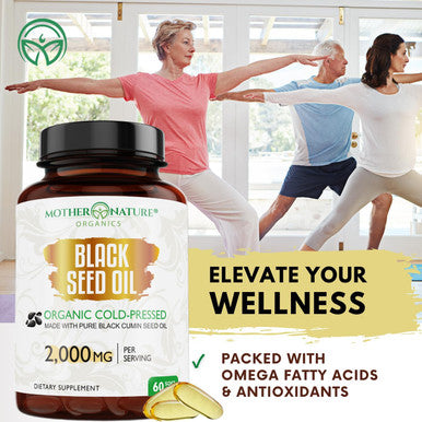 Mother Nature Organics Superfoods for Organic Living Organic Black Seed Oil 2000Mg - 60 Softgel Capsules (Non-Gmo) Premium Cold-Pressed Nigella Sativa - Black Cumin Seed Oil With Omega 3, 6, 9 - Darkest, Highest Tq Content