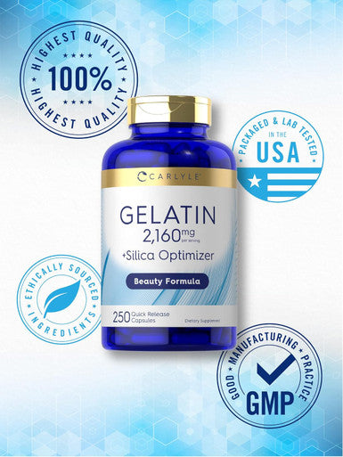 Carlyle Gelatin 2160 mg | with Silica Optimizer | 250 Capsules | Non-GMO and Gluten Supplement | by