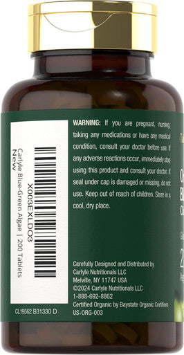 Carlyle Chlorella Blue Green Algae 250mg | 200 Tablets | Vegetarian Non-GMO Gluten Supplement | Tahoe Nutritionals