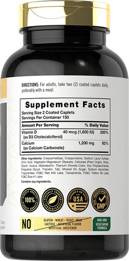 Calcium | 1200mg | with Vitamin D3 | 300 Tablets | Vegetarian, Non-GMO, and Gluten Free | by Carlyle