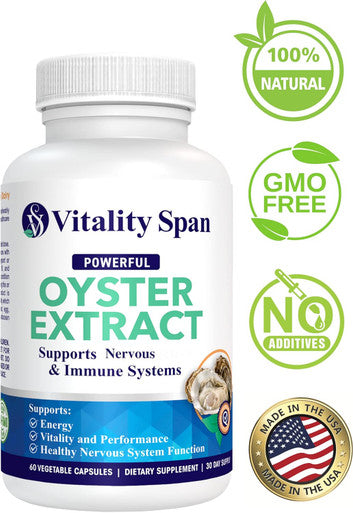 Oyster Extract Pure Highly Concentrated Supplement For Men and Women Supports Energy and Immune Boost Zinc Taurine Amino Acids And Vitamins 500 Mg 60 Veg Capsules Made In Usa