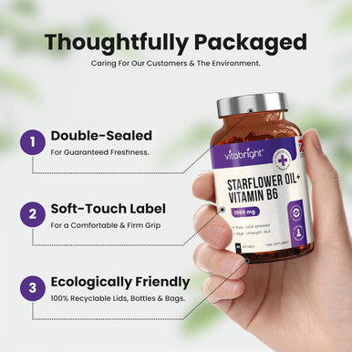 Vitabright Starflower Oil Capsules 1000mg 3 Months High GLA Borage Oil Capsules with Vitamin B6 Cold Pressed Star Flower Oil Capsules (1000mg Softgels) Vitabright Starflower Oil Capsules High Strength