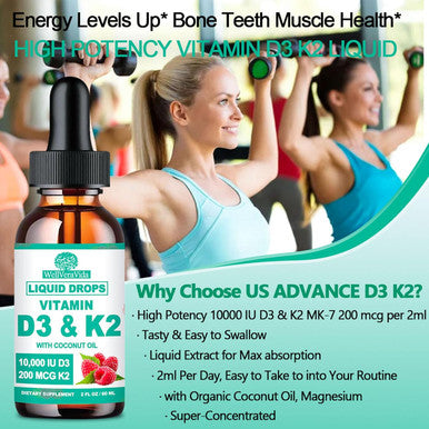 WellVeraVida D3 K2 Vitamin 10000Iu, Liquid Drop Vitamin D3 With K2 (Mk-7)200Mcg Coconut Oil, 6X Stronger Than D3 K2 Sofegels, Magnesium Zinc For Absorption -K2 D3 Vitamin Supplement For Joint Teeth & Bone Health