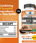 Ashwagan Organic 6005mg, Organic Rhodiola Rosea, Organic Holy Basil Tulsi, Organic Black Extract, Relief, Mood Enhancer, Relaxation, Focus, Thyroid Support, 90 Veggie Capsules