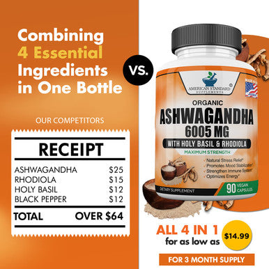 Ashwagan Organic 6005mg, Organic Rhodiola Rosea, Organic Holy Basil Tulsi, Organic Black Extract, Relief, Mood Enhancer, Relaxation, Focus, Thyroid Support, 90 Veggie Capsules