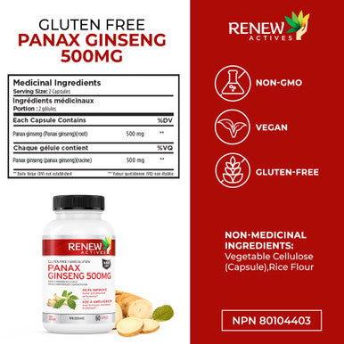Renew Actives Panax Ginseng Supplement - Help Boost Energy, Performance & Cognitive Function, Easy Swallow Vegan Capsules, Gluten & Gmo Free, 500Mg Per Serving