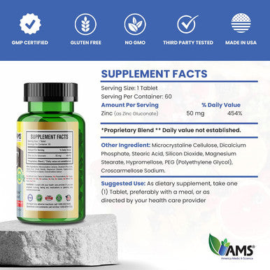 America Medic and Science Chelated Zinc 50 Mg Supplements (1 Pack Of 60 Tablets) Immune Booster And Powerful Antioxidant Pills For Adults Men And Women Highly Absorbable Mineral, Improves Mood and Sleep