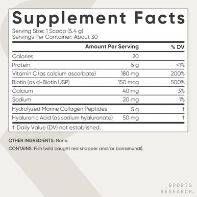 Sports Research Collagen Beauty Complex With Hyaluronic Acid, Vitamin C + Biotin Pescatarian, Keto Certified & Non-Gmo Verified - Unflavored (30 Servings)
