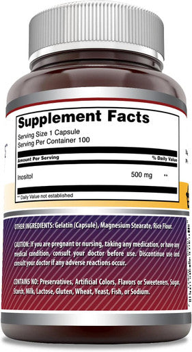 Amazing Nutrition Formulas Inositol 500 mg 100 Capsules Supplement | Non-GMO | Gluten | Made in USA