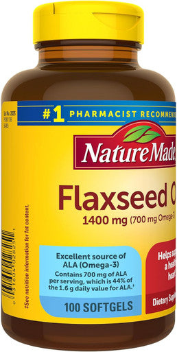 Nature Made Extra Strength Flaxseed Oil 1400 mg, Fish Free Omega 3 Supplement, Dietary Supplement for Heart Health Support, 100 Softgels, 100 Day Supply