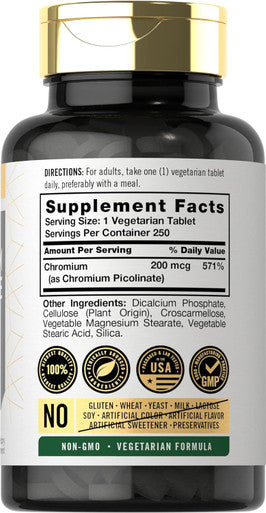 Carlyle Chromium Picolinate 200mcg | 250 Tablets | Vegetarian Non-GMO Gluten Supplement