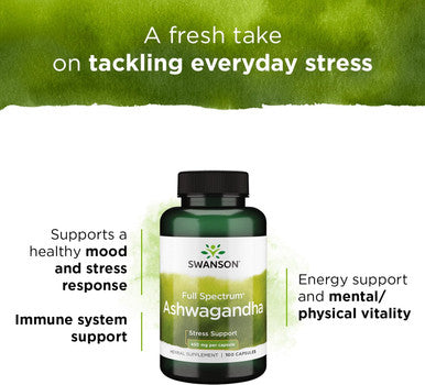 Swanson Ashwagandha Powder Supplement-Ashwagandha Root & Aerial Parts Supplement Promoting Stress Relief & Energy Support-Ayurvedic Supplement for Natural Wellness (100 Capsules 450mg Each)