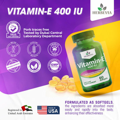Herbevia Vitamin E 400 IU Antioxidant Supplement ÃƒÂ¢Ã¢â€šÂ¬Ã¢â‚¬Å“ For Skin Men & Women Supports Reproductive Health & Oxidative Cell Health Organic & No Side Effects Halal Certified GMO-Free 60 Softgels
