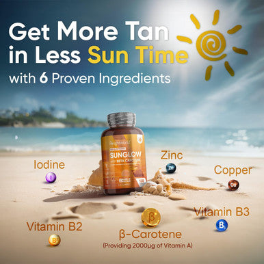 Weightworld Tanning Tablets - 120 Tablets - Beta Carotene Tanning Accelerator with Vitamin B2 & B3 Zinc Copper & Iodine - for Sun-Kissed Glow - Lotion & Oil Alternative - Gluten- & Non-GMO - Made in The UK