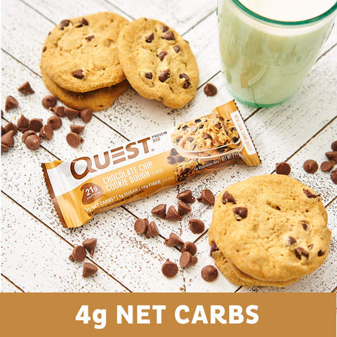 Quest Nutrition Protein Bar, Chocolate Chip Cookie Dough, 21g Protein, 4g Net Carbs, 190 Cals, Low Carb, Gluten Free, Soy Free, 2.12oz Bar, 1 Count