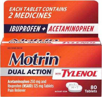Motrin Dual Action with Tylenol Fast-Acting Long Lasting Pain Reliever with Ibuprofen & Acetaminophen for Minor Aches & Pains Ibuprofen (NSAID) 125 mg & Acetaminophen 250 mg