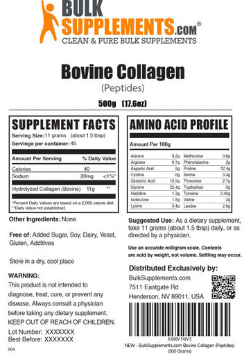 Bulksupplements.Com Collagen Peptides Powder - Bovine Collagen Powder, Collagen Supplement, Powdered Collagen - Beef Collagen Powder, 11G Of Hydrolyzed Collagen Per Serving, 500G (1.1 Lbs)