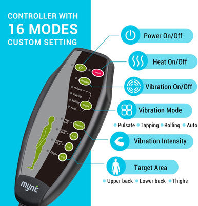 Mynt Vibration Massage Seat Cushion Memory Foam Support Chair Pad, Back Massager With 8 Vibrating Motors & Soothing Heat,Electric Seat Massager For Home Office Use(Gray)