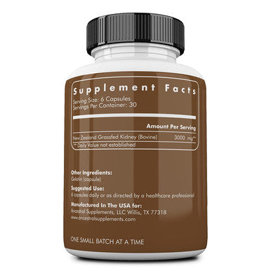 Ancestral Supplements Kidney (High in Selenium, B12, DAO) Supports Kidney, Urinary, Histamine Health (180 Capsules)