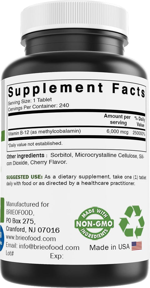 Brieofood Vitamin B12 (Methycoballamin) 6000 mcg 240 Tablets. NonGMO and Gluten