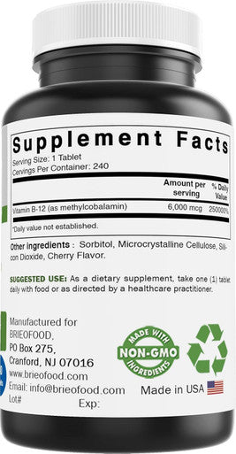 Brieofood Vitamin B-12 (Methycoballamin) 6000 Mcg- 240 Tablets. Non-Gmo, And Gluten