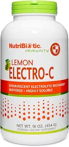 NutriBiotic Lemon ElectroC Vitamin C and Electrolyte Powder 850 Mg Vitamin C Per Serving Effervescent Electrolyte Recharge Buffered and Highly Soluble of Calories Gluten and NonGMO 16 OZ