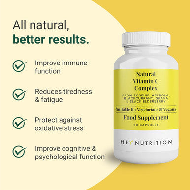 Hey Nutrition Natural Vitamin C 250mg Complex from Rosehip Acerola Blackcurrant Guava and Elderberry - Immune Function Stress Metabolic Health & Fatigue - Non-GMO 60 Vegan Capsules